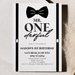 Minimalistisch Mr. ONEderful Bowtie 1e verjaardags Kaart<br><div class="desc">Dit is een minimalistische Mr. ONEderful Bowtie Suspenders Eerste 1e Verjaardagsfeestuitnodiging!</div>