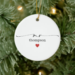 Minimalistisch naamornament voor leraren met hartj keramisch ornament
