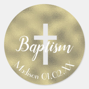 Minimalistisch namaak gouden doopkruis kindnaam ronde sticker