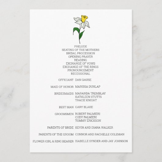 Minimalistisch narcis huwelijksprogramma programmakaart (Voorkant)
