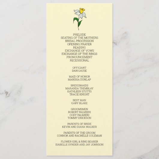 Minimalistisch narcis huwelijksprogramma programmakaart (Voorkant)