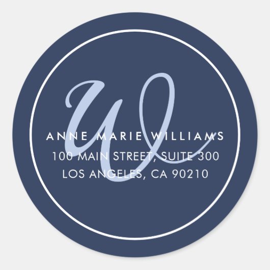 Minimalistisch Navy Blauwe Script Rand Monogram Ronde Sticker (Voorkant)