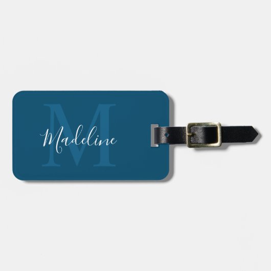 Minimalistisch Navy Blue Monogram Name Script Init Bagagelabel (Voorkant horizontaal)