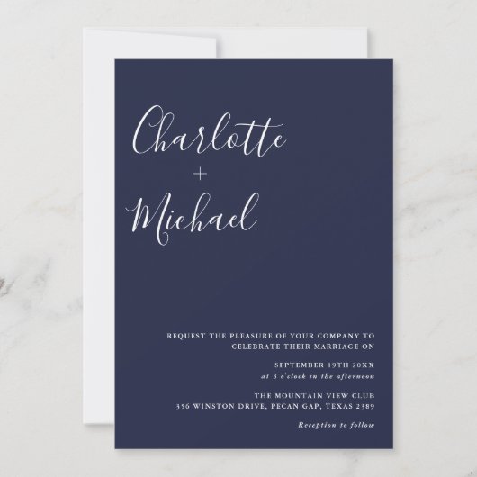 Minimalistisch Navy Blue Trouwscript Kaart (Voorkant)