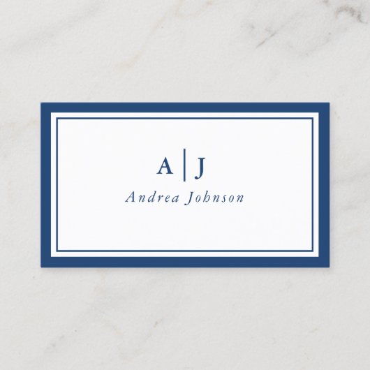 Minimalistisch Navy Blue Twee Rand Monogram Visitekaartje (Voorkant)