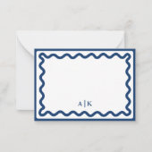 Minimalistisch Navy Blue Wavy Border Monogram Notitiekaartje (Voorkant)