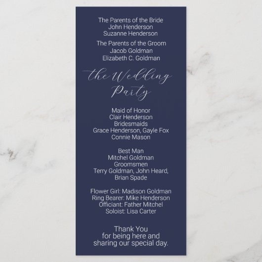 Minimalistisch Navy Blue Wedding Program voor Mana Programmakaart (Achterkant)