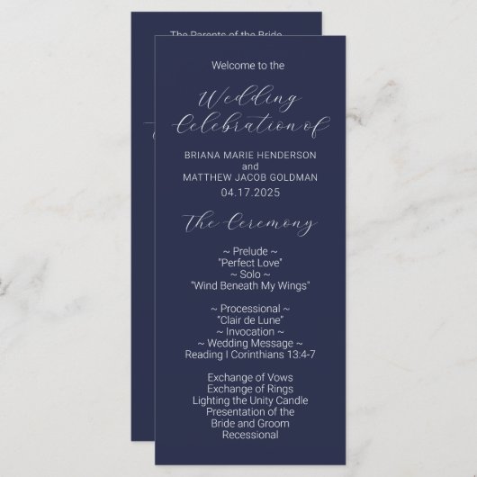 Minimalistisch Navy Blue Wedding Program voor Mana Programmakaart (Voorkant / Achterkant)