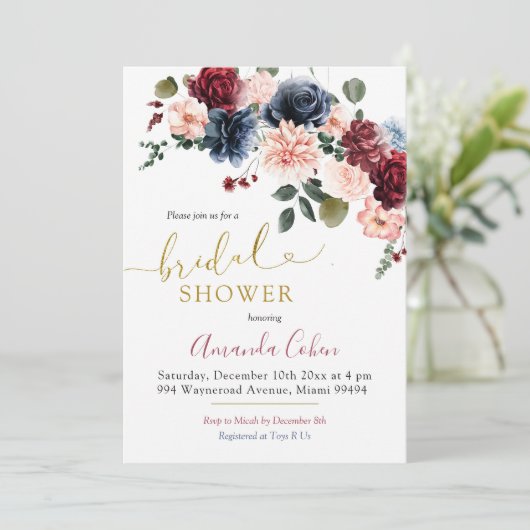 Minimalistisch Navy Bourgondië Floral Vrijgezellen Kaart (Staand voorkant)