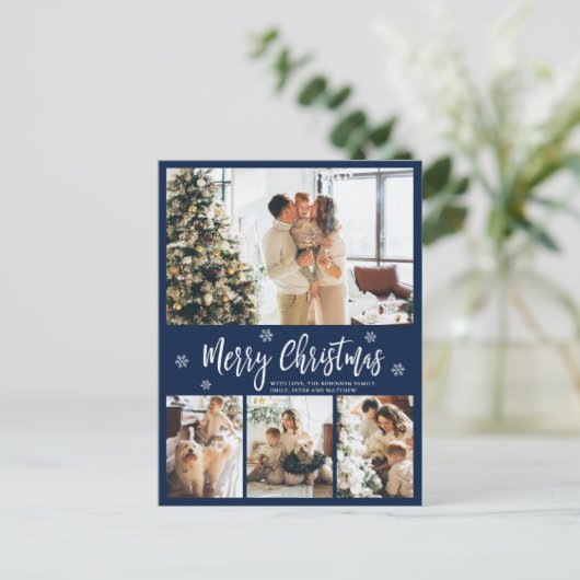 Minimalistisch Navy Wit 4 Foto Collage Kerstmis Briefkaart (Staand voorkant)