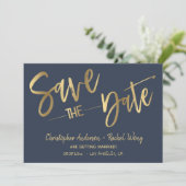 Minimalistisch Navyblauw Goud Folie Save the Date Kaart (Staand voorkant)
