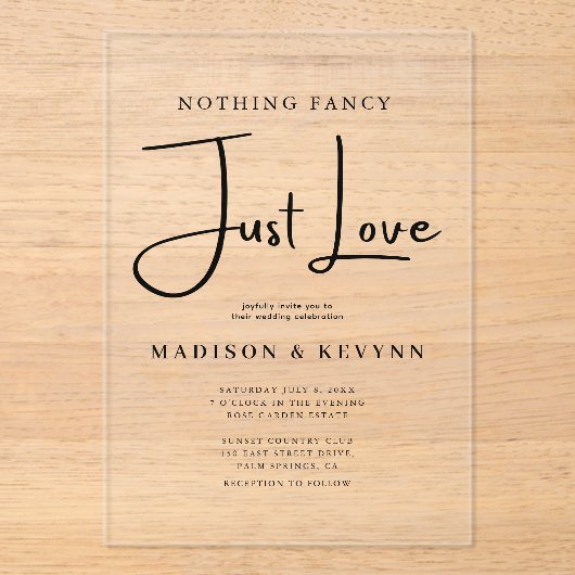 Minimalistisch Niets Fancy Alleen Liefde Trouwen Acryl Uitnodigingen (Voorkant)