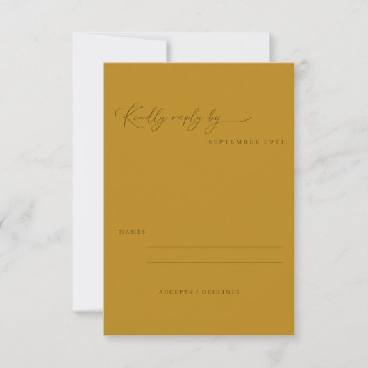 Minimalistisch Ochre Yellow Boho Script Weddenscha RSVP Kaartje (Voorkant)