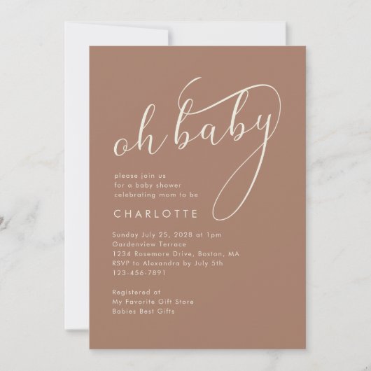 Minimalistisch Oh Baby-script Mocha-Baby shower Kaart (Voorkant)