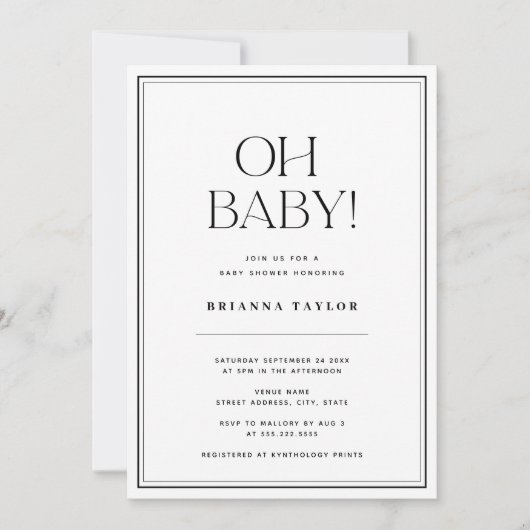 Minimalistisch Oh Baby Zwart & Wit Baby shower Kaart (Voorkant)