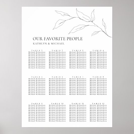 Minimalistisch Olijfblad Bruiloft 12 Tafel Zitplaa Poster (Voorkant)