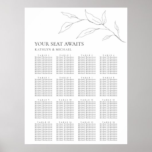 Minimalistisch Olijfblad Bruiloft 16 Tafel Zitplaa Poster (Voorkant)