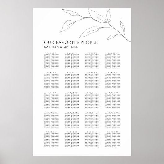Minimalistisch Olijfblad Bruiloft 20 Tafel Zitplaa Poster (Voorkant)