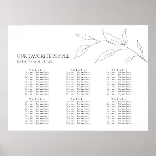 Minimalistisch Olijfblad Bruiloft 6 Tafel Zitplaat Poster (Voorkant)