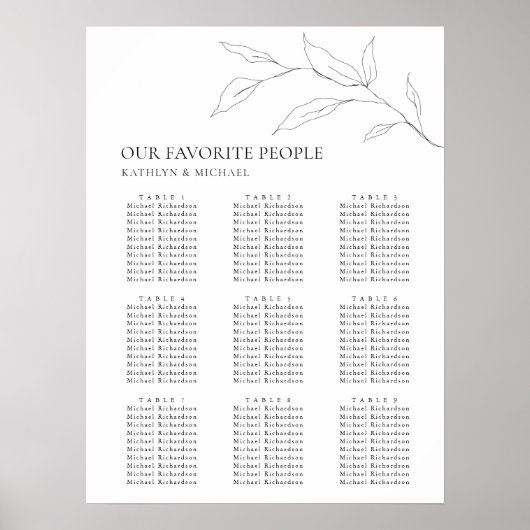 Minimalistisch Olijfblad Bruiloft 9 Tafel Zitplaat Poster (Voorkant)
