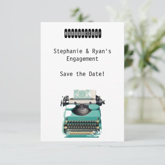  minimalistisch ontwerp voor schrijfmachines save the date (Staand voorkant)