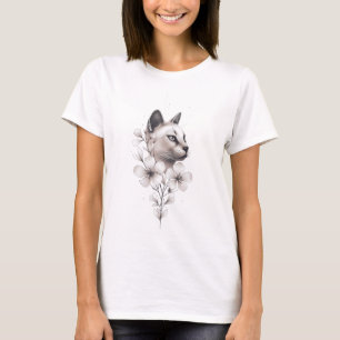 Minimalistisch ontwerp voor Siamese kat en bloemen T-shirt