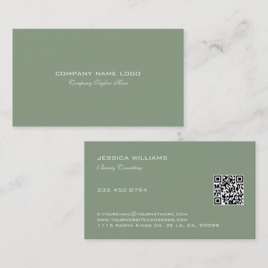 Minimalistisch ontwerp witte tekst op salie groen visitekaartje (Voorkant / Achterkant)