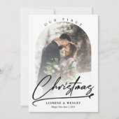 Minimalistisch onze eerste kerst Pas getrouwd foto Feestdagenkaart (Voorkant)