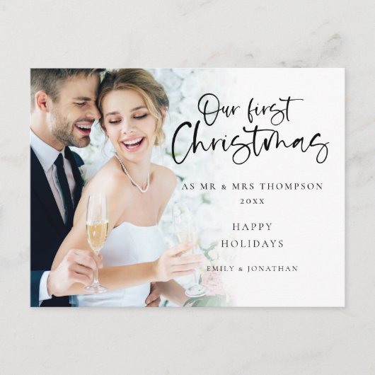 Minimalistisch Onze Eerste Kerstmis Mr. Mrs. Foto Feestdagenkaart (Voorkant)