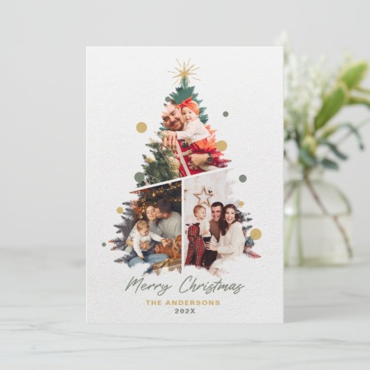 Minimalistisch Onze familie Kerst Drie Foto Bedankkaart (Staand voorkant)