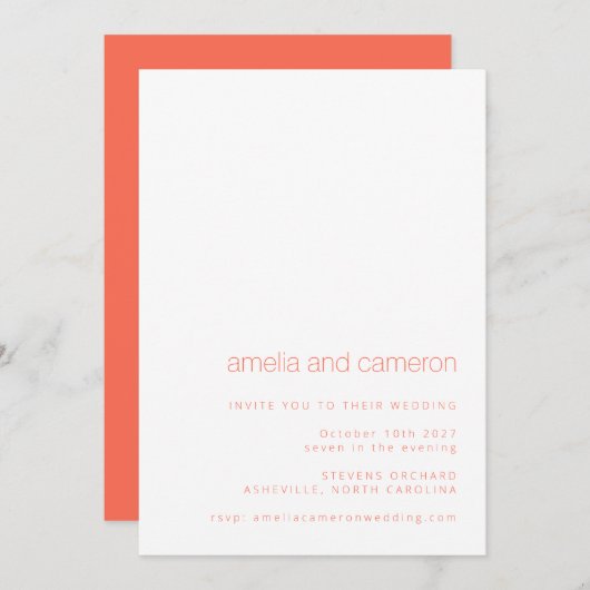 Minimalistisch Oranje Coral Modern Wedding RSVP Kaart (Voorkant / Achterkant)
