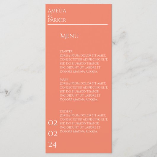 Minimalistisch Oranje huwelijksmenu Menu (Voorkant)