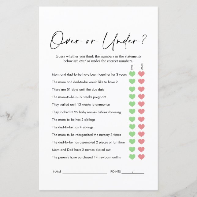 Minimalistisch over of onder spel, Baby shower spe (Voorkant)