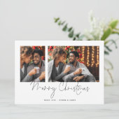 Minimalistisch paar 2 foto's Script Merry Christma Feestdagenkaart (Staand voorkant)