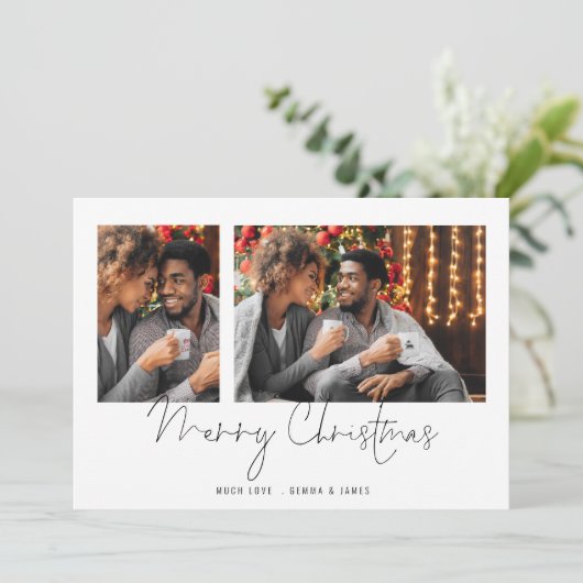 Minimalistisch paar 2 foto's Script Merry Christma Feestdagenkaart (Staand voorkant)