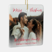 Minimalistisch paar dubbelzijdig foto-rood script keramisch ornament (Rechts)