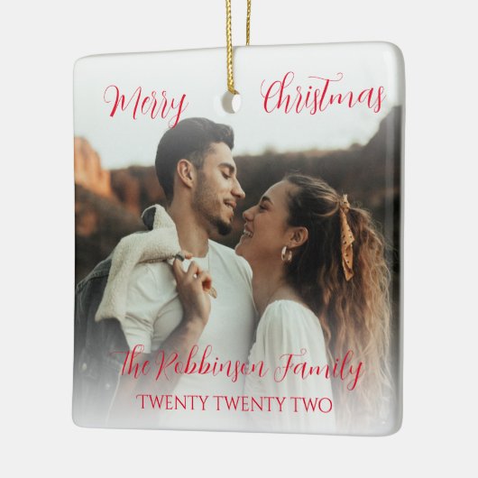 Minimalistisch paar dubbelzijdig foto-rood script keramisch ornament (Links)