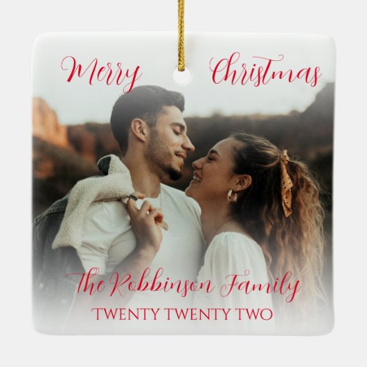 Minimalistisch paar dubbelzijdig foto-rood script keramisch ornament (Achterkant)