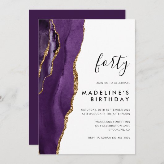 Minimalistisch Paars goudgrijs Geode 40e verjaarda Kaart (Voorkant / Achterkant)