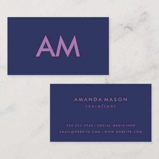 Minimalistisch Paars monogram Visitekaartje (Voorkant / Achterkant)