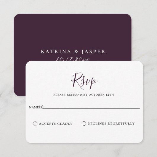 Minimalistisch Paars Plum Wedding RSVP Kaart (Voorkant / Achterkant)