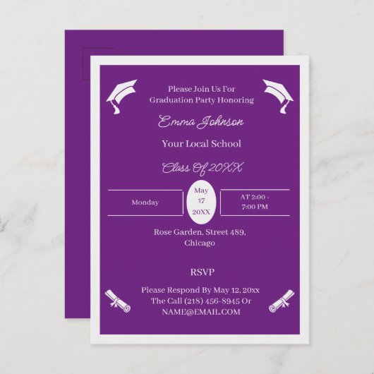 Minimalistisch Paarse en witte aangepaste Afstuder Aankondigingskaart (Voorkant / Achterkant)