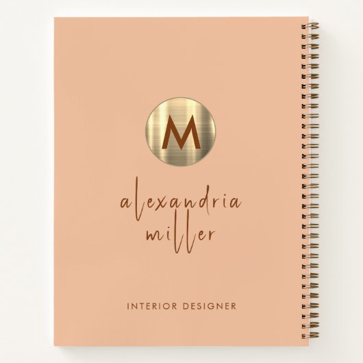 Minimalistisch peach en goudmonogram met linkerhan notitieboek (Achterkant)