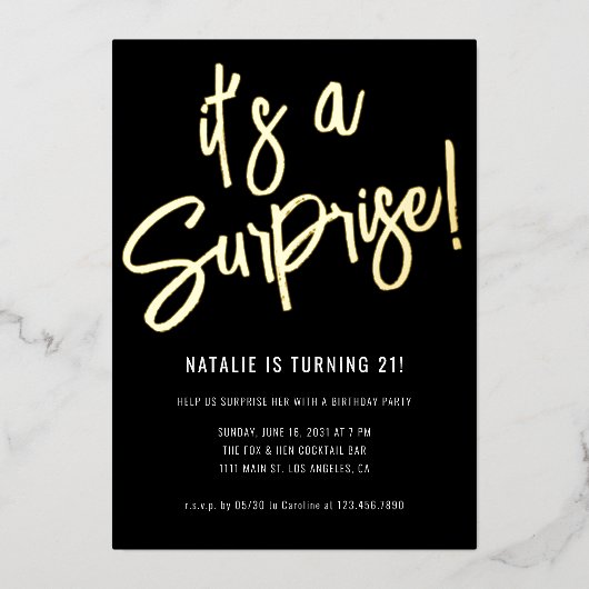 Minimalistisch penseelschrift zwart goud 21e verja folie uitnodiging (Voorkant)