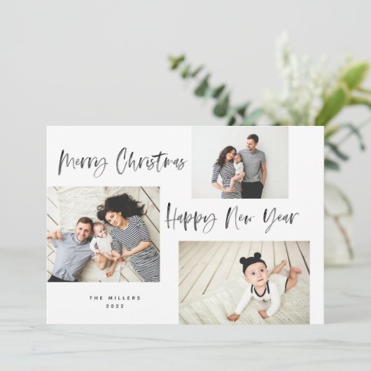 Minimalistisch penseelscript 3 collage foto feestdagenkaart (Staand voorkant)