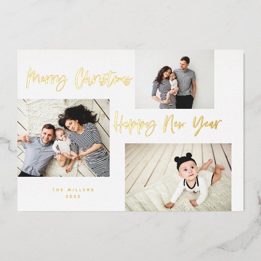 Minimalistisch penseelscript 3 collage foto folie feestdagenkaart (Voorkant)