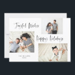 Minimalistisch penseelscript 3 Collage Photo Holid Feestdagenkaart<br><div class="desc">Verspreid dit jaar vrolijk met deze moderne en feestelijke fotocollage-kaart. Met drie van je foto's,  met een modern geborsteld script.</div>