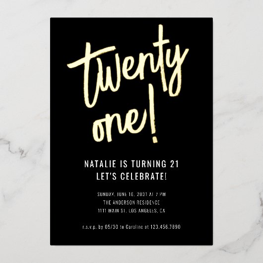 Minimalistisch penseelscript zwart goud 21e verjaa folie uitnodiging (Voorkant)