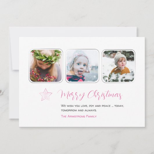 Minimalistisch Pink Star Handgetrokken 3-fotoscrip Feestdagenkaart (Voorkant)