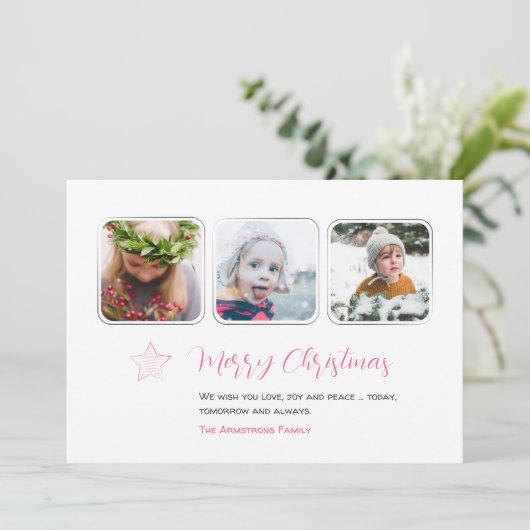 Minimalistisch Pink Star Handgetrokken 3-fotoscrip Feestdagenkaart (Staand voorkant)